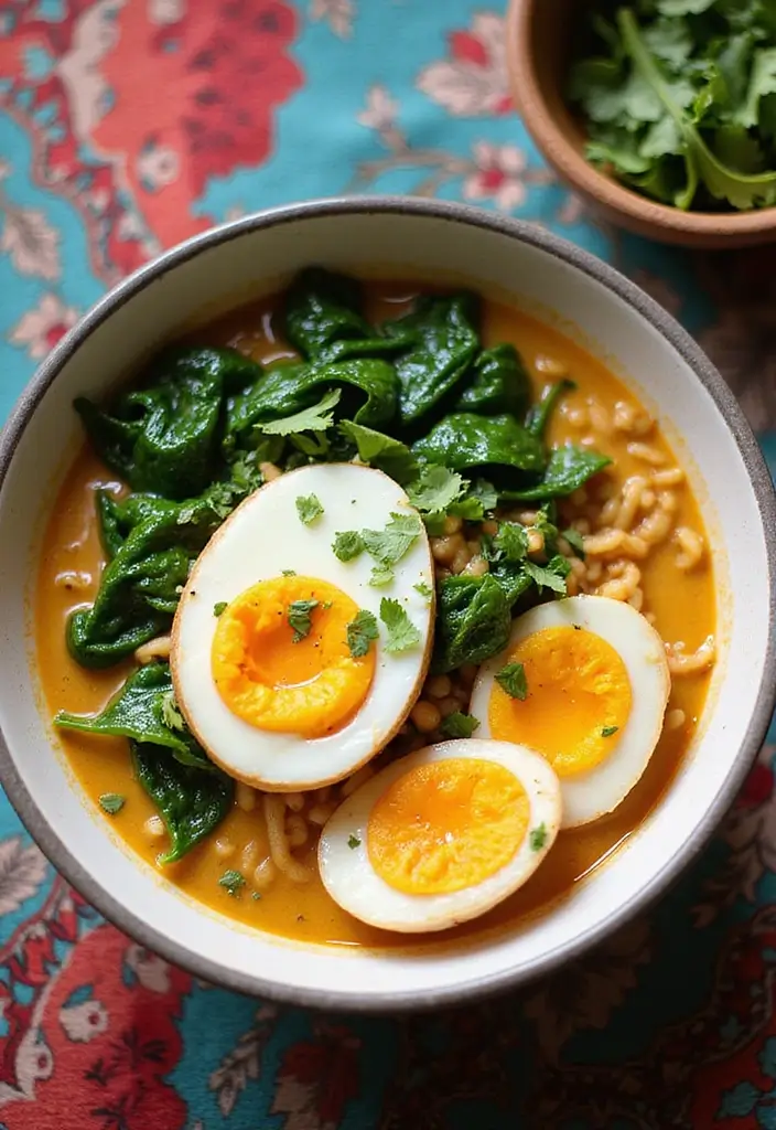 25 Ramen Noodle Recipes with Egg for Extra Protein and Creaminess 15 25 Ramen Noodle Recipes with Egg for Extra Protein and Creaminess - 3. Creamy Coconut Curry Ramen with Egg