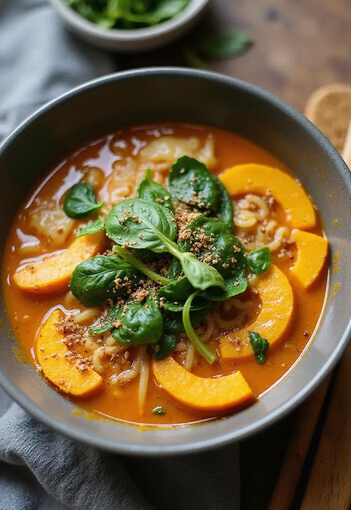 27 Cozy Vegan Winter Ramen Recipes to Keep You Warm and Full 30 27 Cozy Vegan Winter Ramen Recipes to Keep You Warm and Full - 6. Pumpkin & Spinach Ramen